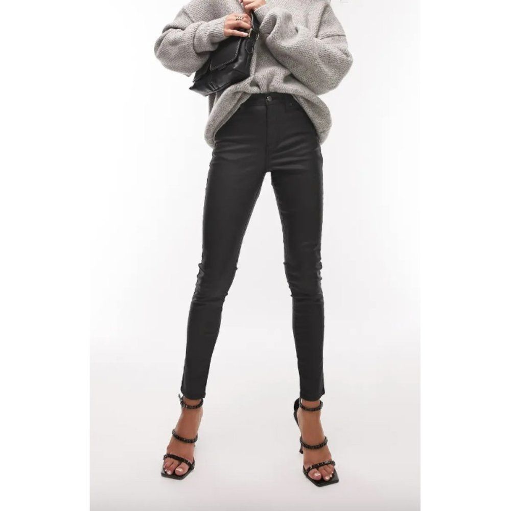 NWT TOPSHOP black coated cotton faux leather look skinny high rise pants jeans